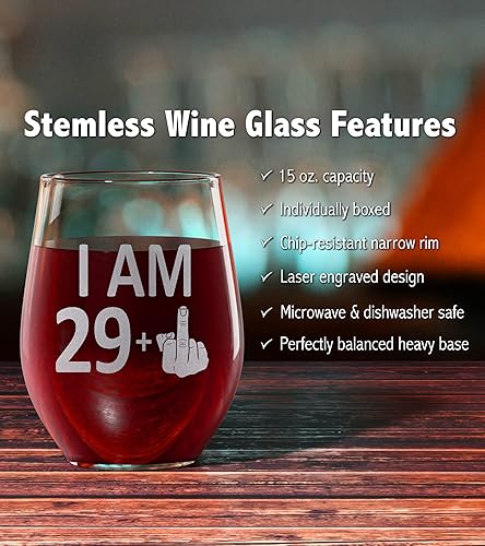 Miniatura 6 de Promotion & Beyond Copa de vino sin tallo con gráfico de dedo de 29 + 1 30 años, divertido regalo de cumpleaños para amigos