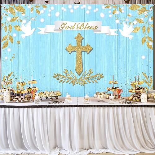 Miniatura 4 de God Bless - Telón de fondo de bautismo para la primera comunión, decoraciones de fiesta de bautizo, ceremonia de bautizo, pancarta de baby shower