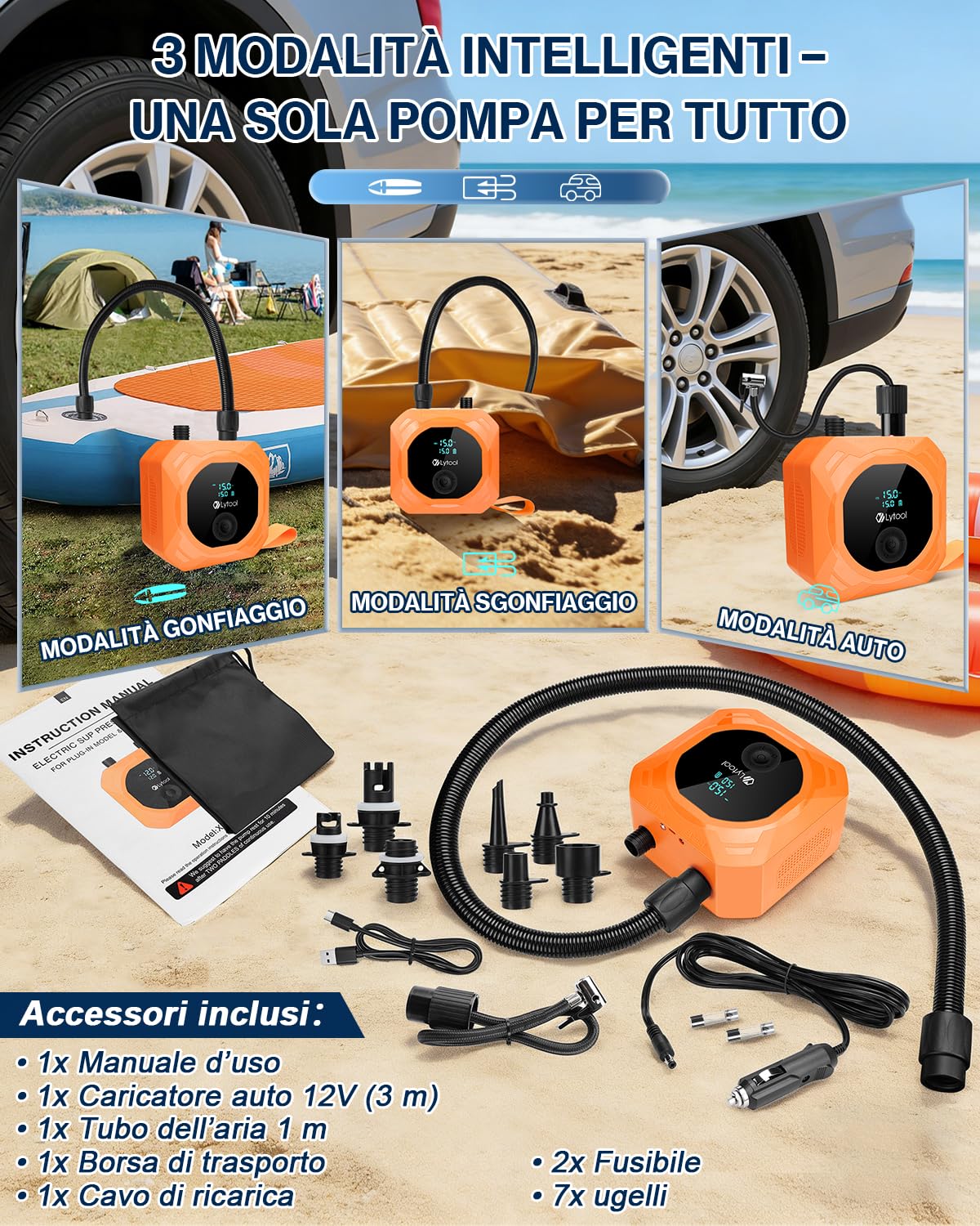 Lytool Pompa SUP Elettrica 50 PSI Alta Pressione,Gonfiatore Paddle 12V DC,Gonfiaggio e Sgonfiaggio Automatico a 3 Stadi,Arresto Automatico,Cavo Accendisigari 3M per Kayak,Materasso,Bici, Moto, Auto