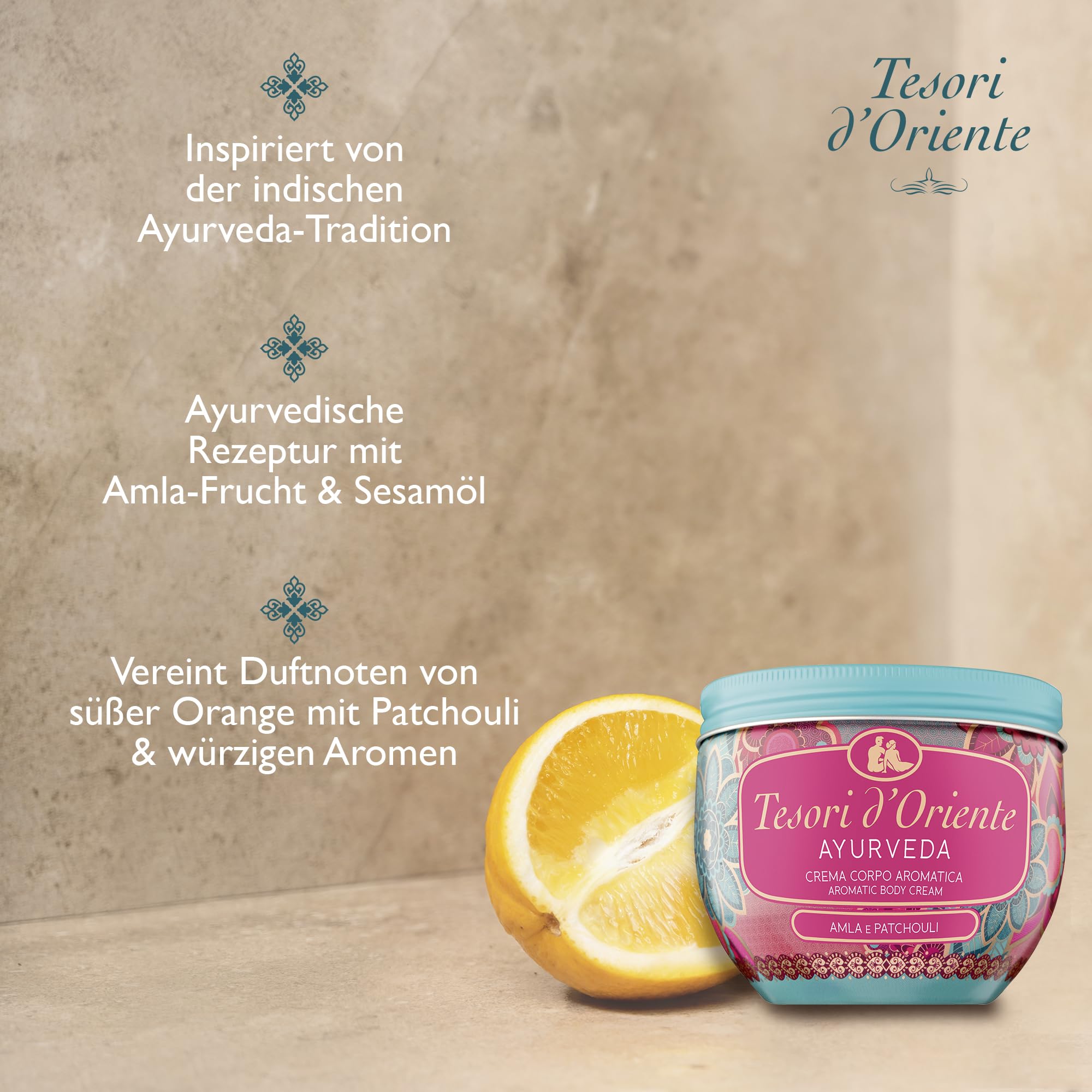 Tesori d'Oriente Ayurveda krem do ciała, 300 ml, aromatyczny krem do ciała z owocami amla i paczula, krem nawilżający do pielęgnacji ciała, rytuał wellness dla ciała i zmysłów