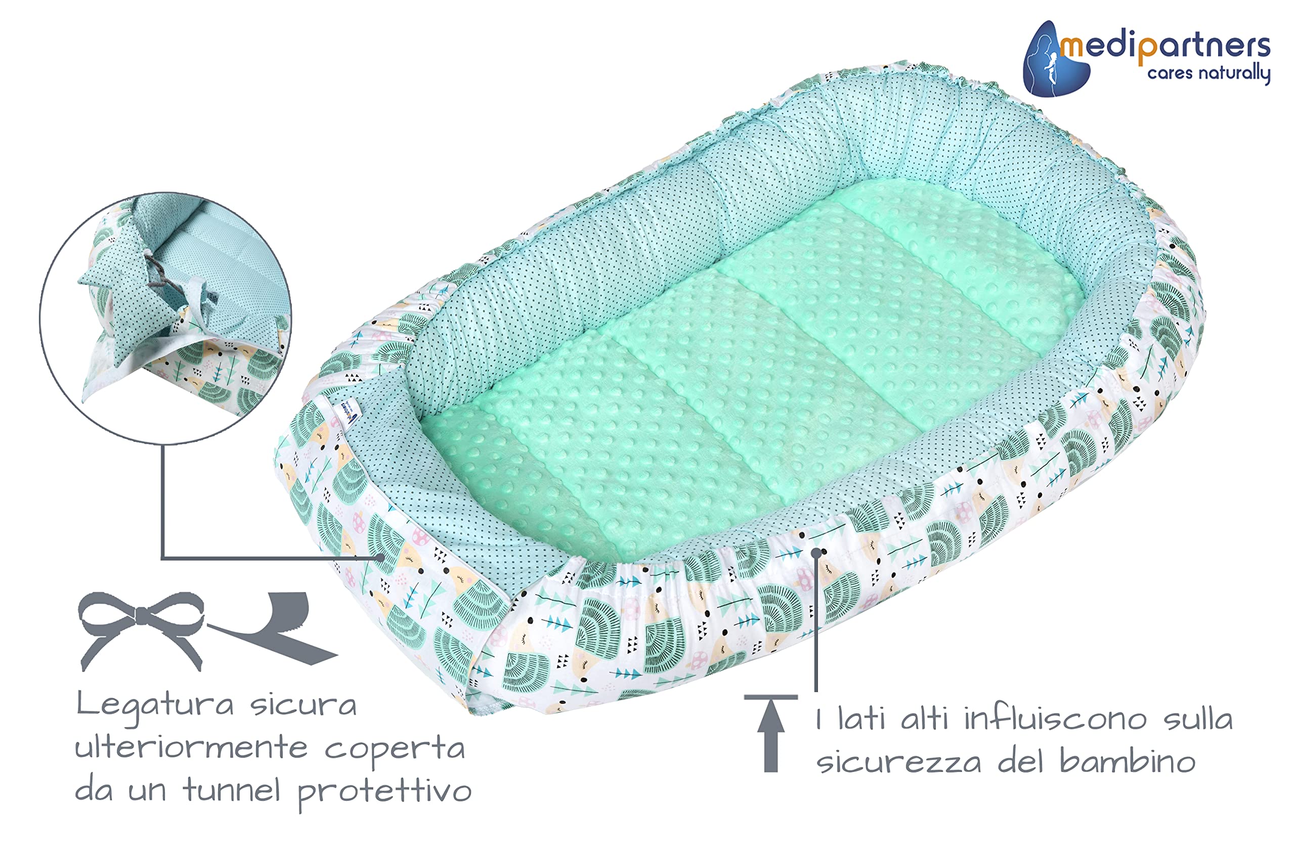 Medi Partners 5-Parti Nido per Bebè 100x60x15 Inserto Rimovibile Letto Cuscino Coperta bambini neonati 100% Cotone (Ricci con Menta Minky)