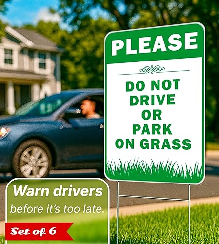 Miniatura 4 de 6 letreros de doble cara con estacas con texto en inglés "Please Do Not Drive Park On Grass", letrero de plástico para calle, carretera y no