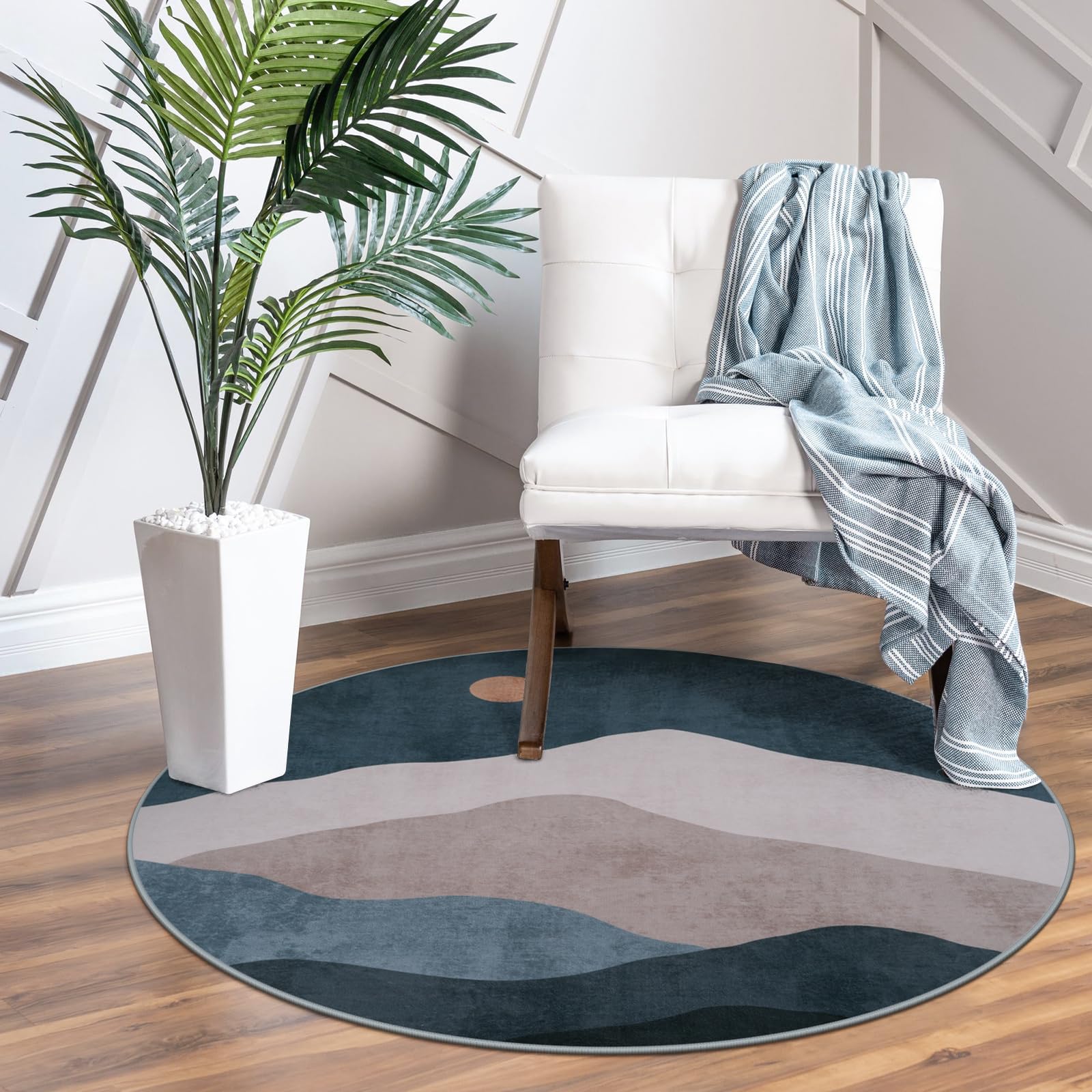 Sungea 3ft Abstract Round Rug,Boho Washable Non-Slip Mountain Rugs for Entryway,Soft Ultra-Thin Small Indoor Throw Rugs for Bedroom/Bathroom/Laundry
