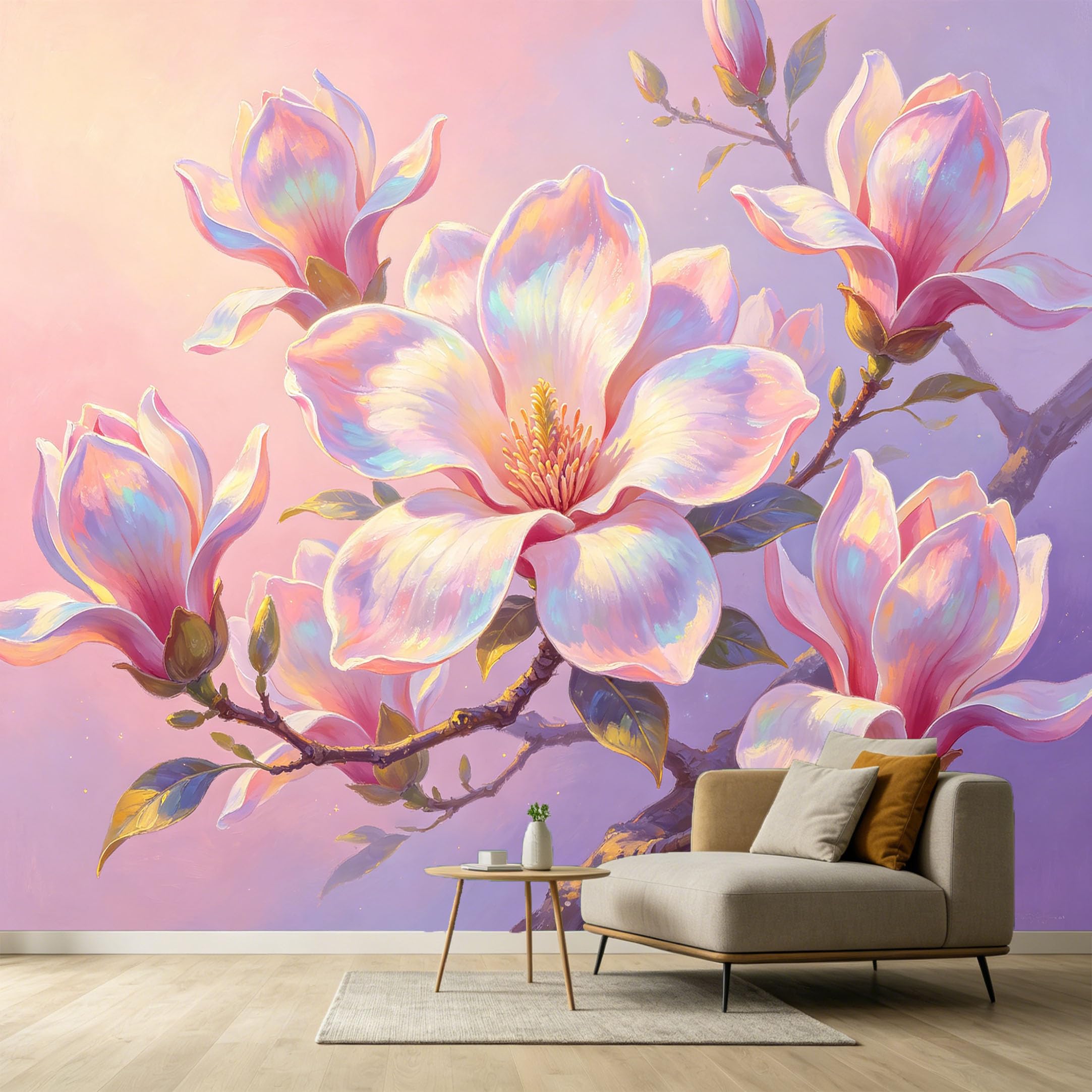Custom Size Wall Murals Botanical Magnolia Flowers Watercolor Painting Soft Pastel Hues SelfAdhesive Wall Fabric Removable Large Wallpaper for Photo Living Room