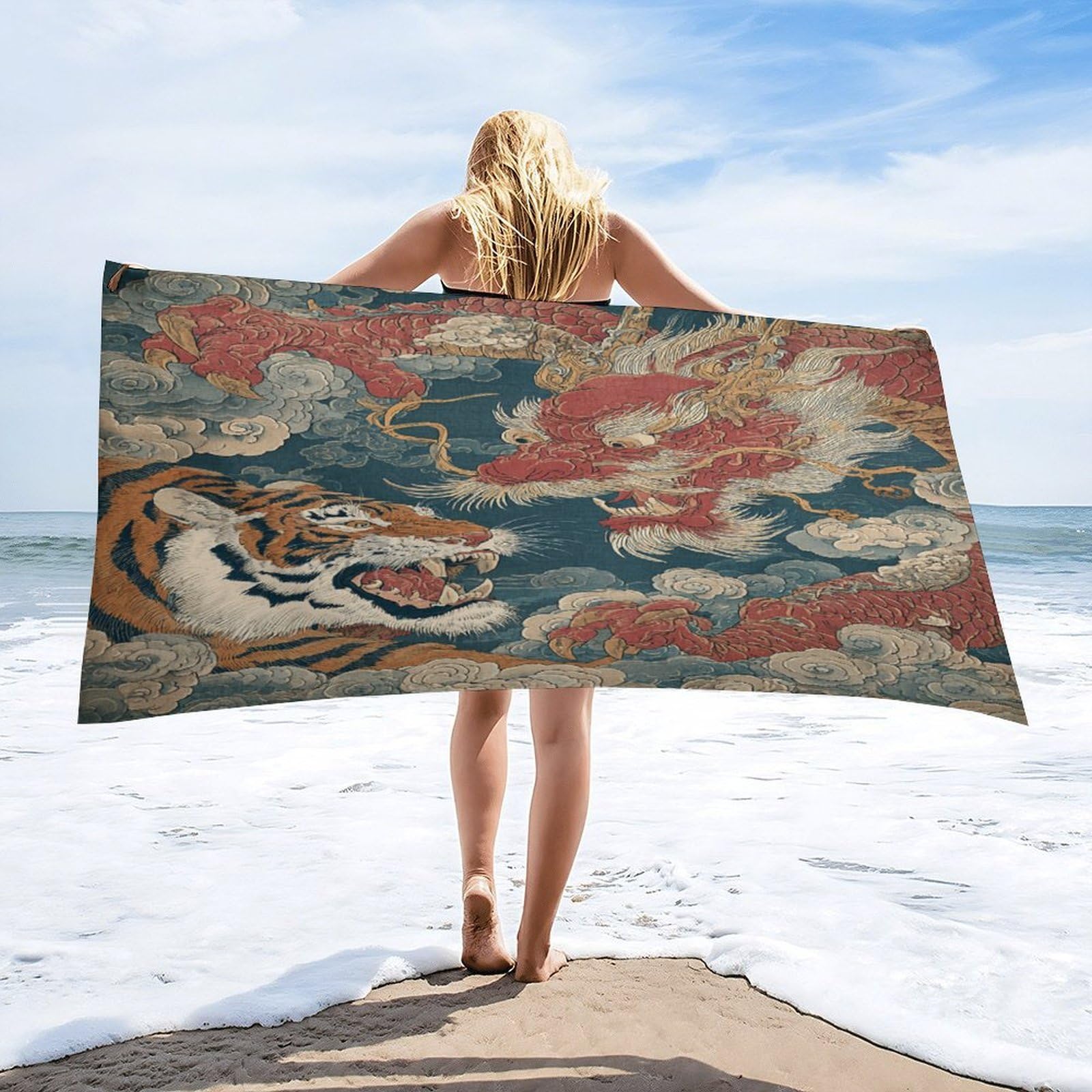Luyysky Classic Watercolor Tiger Dragon Absorbent Beach Towel, Retro Japanese Aesthetic Mythical Animal Tiger Dragon Ocean Waves Outdoor Single-Sided Velvet Beach Towel-80 W Cm X 160" L Cm