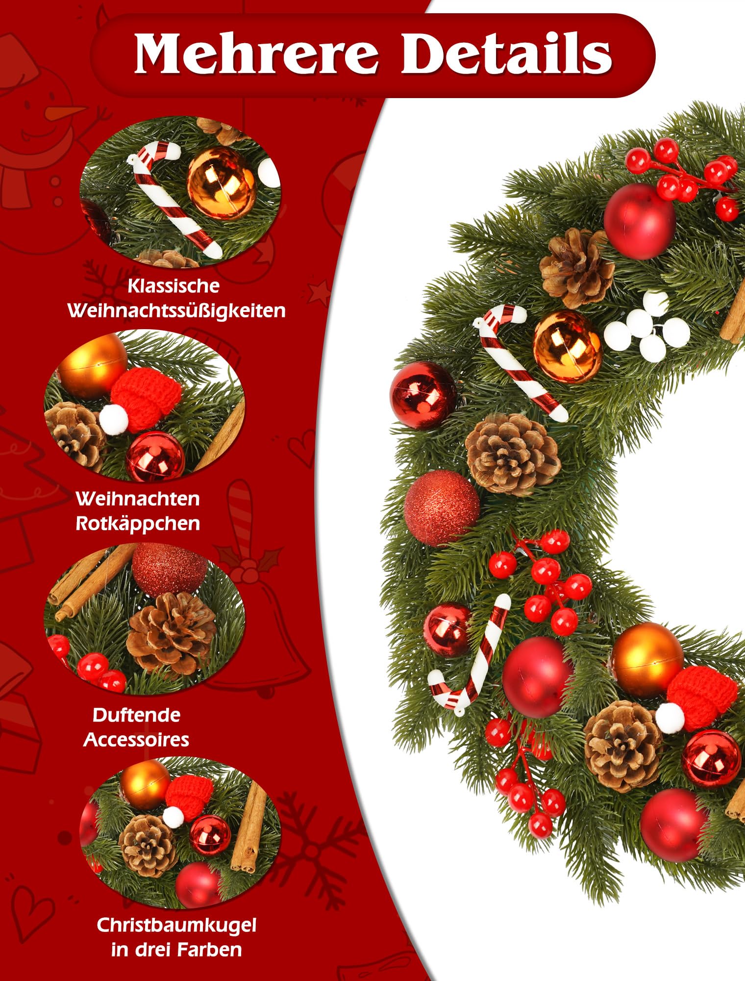 Türkranz Weihnachten 40cm, Adventskranz Künstlich, Weihnachtskranz Haustür mit Haken aus Metall, Weihnachtstürkranz mit Weihnachtskugeln Weihnachtsdeko, Hängekranz aus PVC für Innen und Außen
