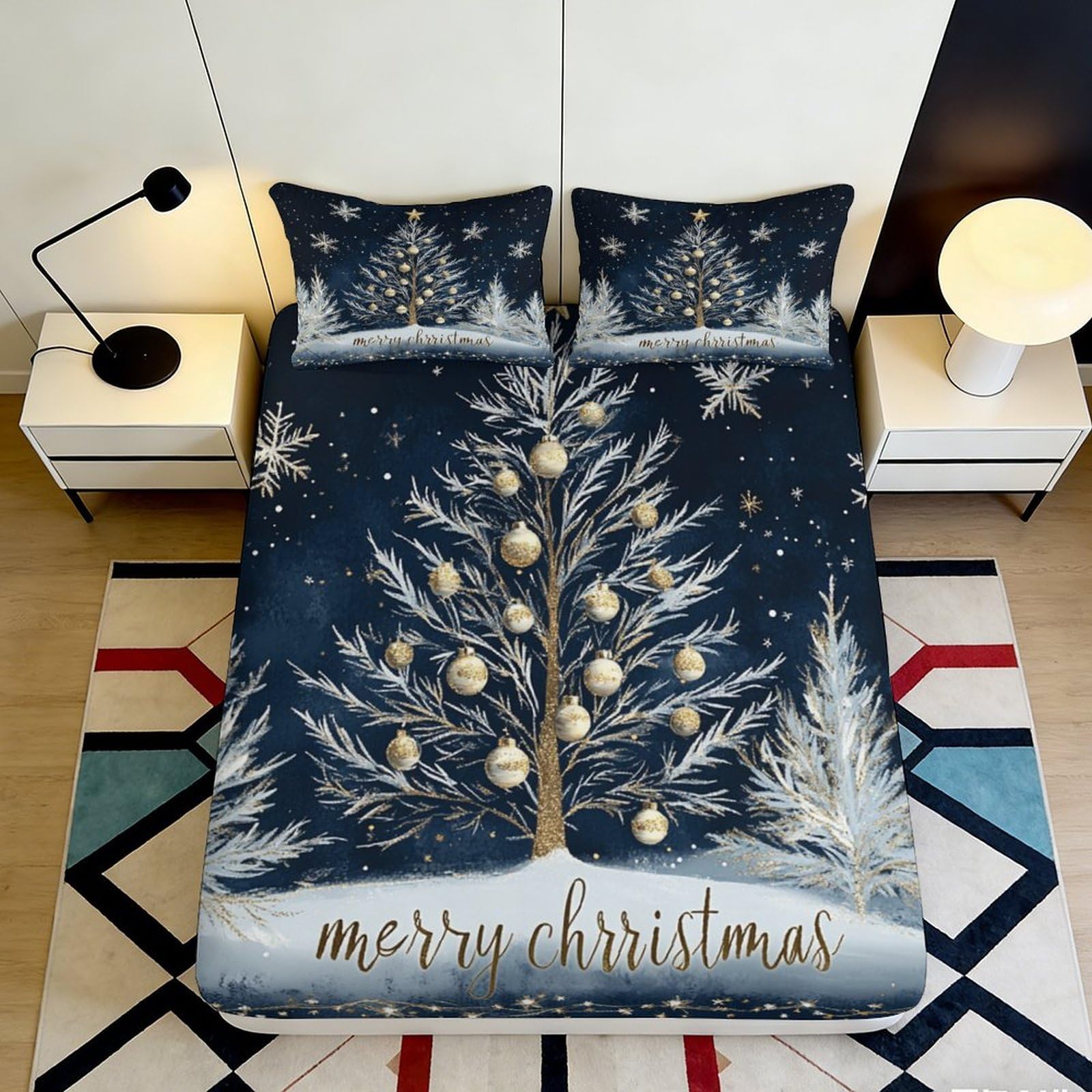 3D Printed Christmas Tree Fitted Sheet Microfiber Soft Breathable Snowflake Bed Cover for Bedroom Dormitory Guest Room Mattress Protection Decor 140x200x25cm