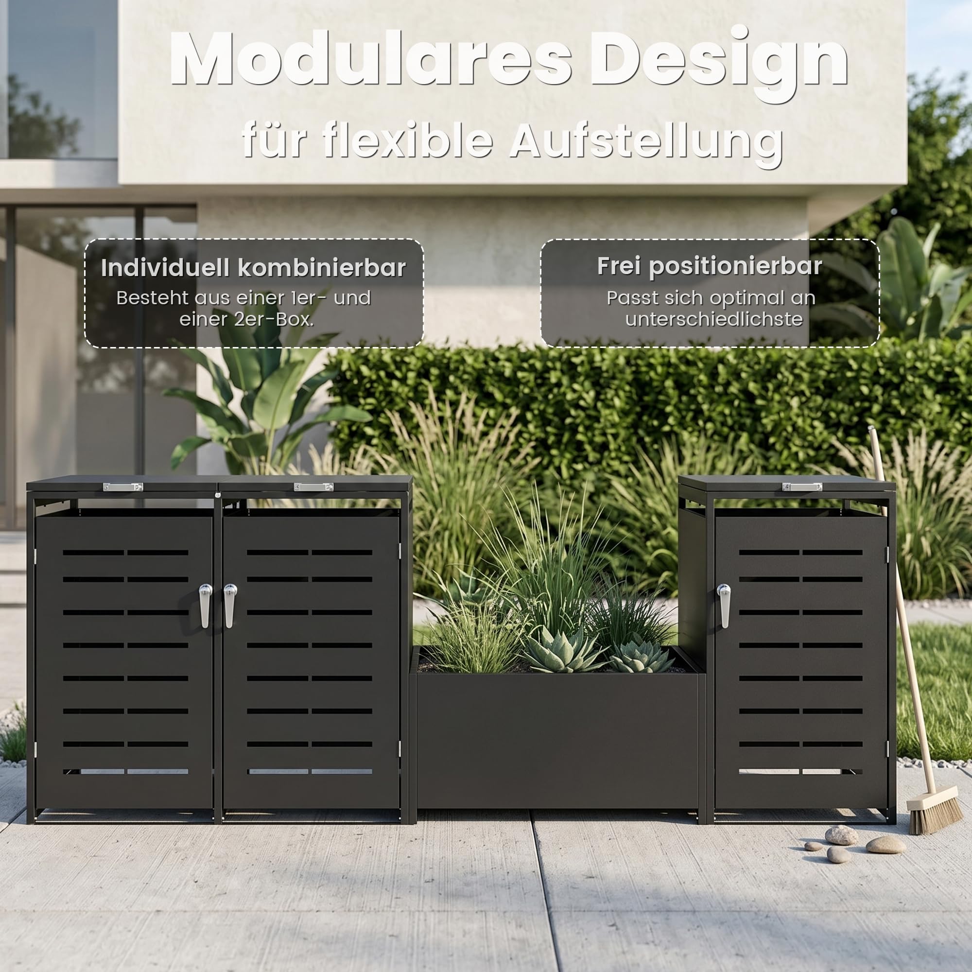 Mülltonnenbox 3er 240L, für 3 Tonnen, Outdoor Anthrazit | Verzinkter Stahl, Outdoor Mülltonnenverkleidung für 3 x 240L Tonnen, Gasdruckfedern, aufgeräumter Gartenbereich