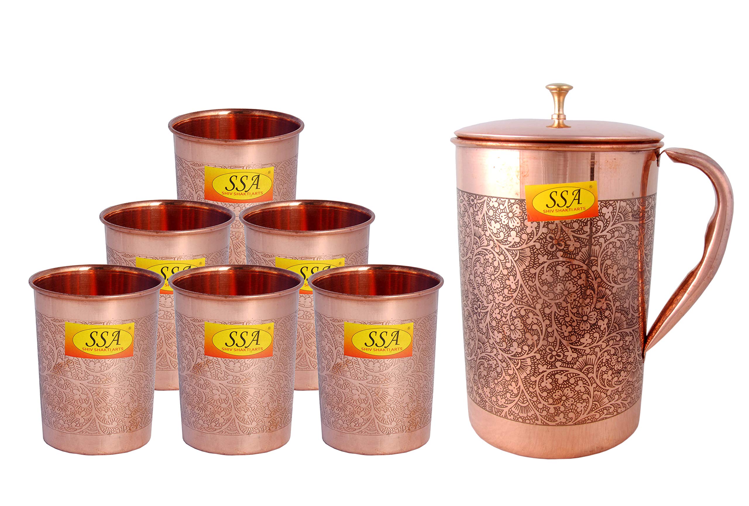 Shiv Shakti Arts Designer Eatching Embossed Design Pure Copper Jug Glasses Set Drinkware Set- Capacity - 1 8