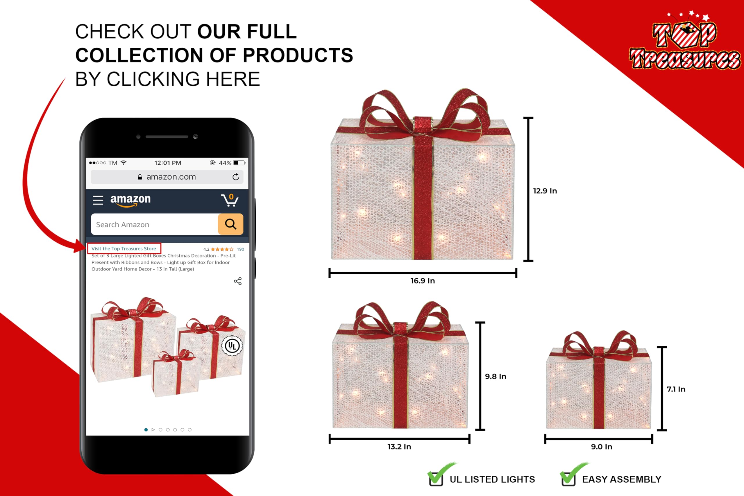 Set of 3 Large Lighted Gift Boxes Christmas Decoration - Pre-Lit Present with Ribbons and Bows - Light up Gift Box for Indoor Outdoor Yard Home Decor - 13 in Tall (Large)