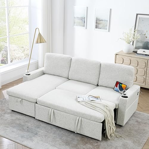 Linen Upholstered Convertible Sleeper Sectional Sofa Pull Out Couch Bed , L Shaped Lounge Corner Sofa&Couch Pullout Sofabed with Storage Chaise ,Cup Holders and USB Ports for Living Room Apartment