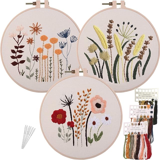 "N/A" 3 Sets of Embroidery Starter Kit with Floral Patterns, Embroidery Cloth with Pattern, Cross Stitch Kit with Floral or Plant Pattern, Cross Stitch Set for Beginners, Decor Living Room