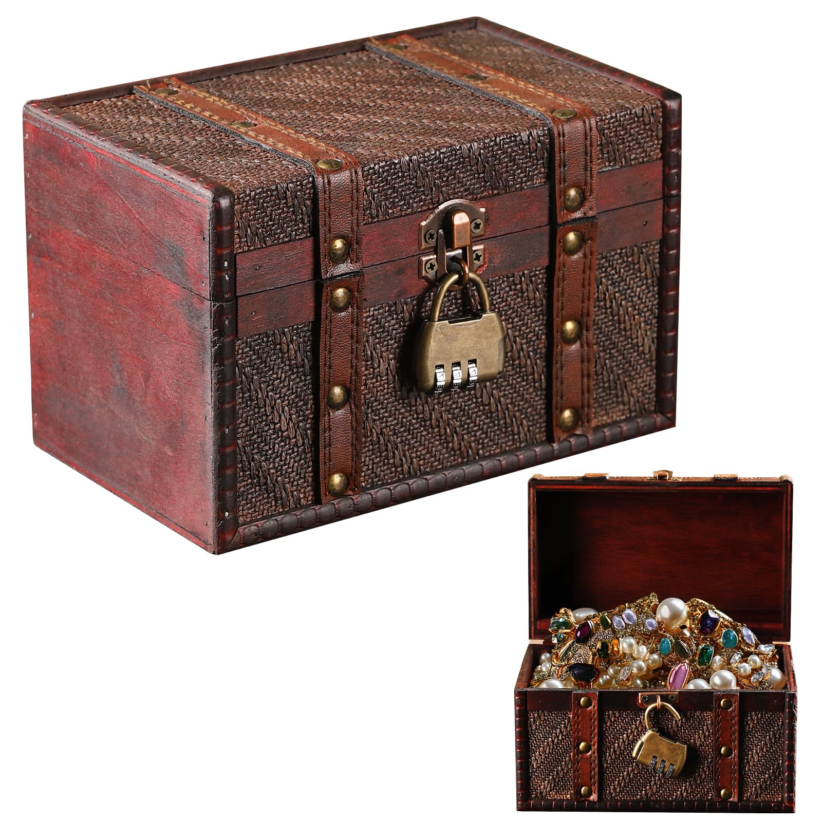 Cofre del Tesoro de Madera Vintage con Cerradura de Combinación, Cofre del Tesoro Pirata Niños con Candado, Pequeño Caja de Madera para Collares, Pendientes, Anillos, Pulseras