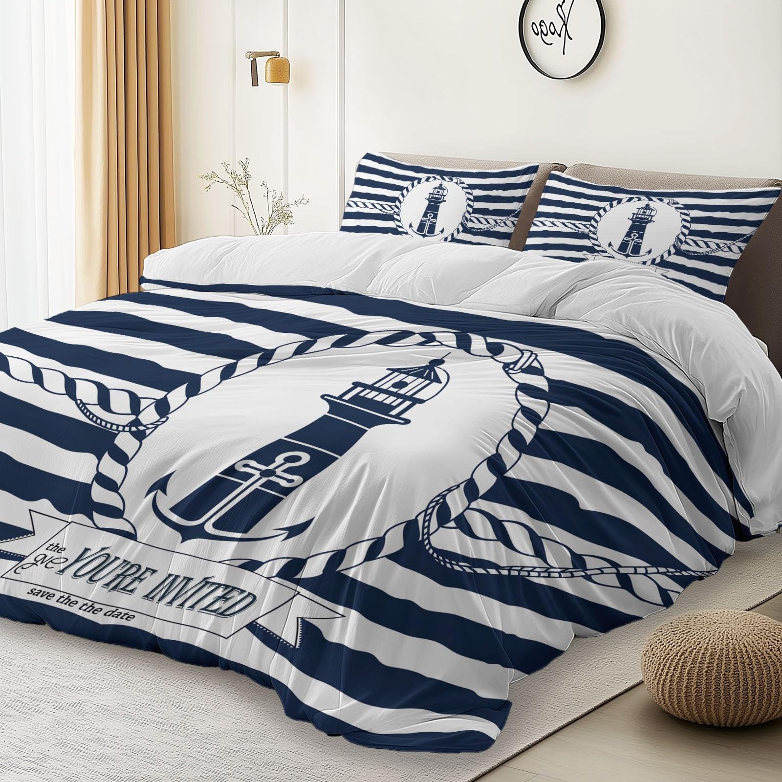Generico Set copripiumino Nautico Linea Mezzo Marinaio Matrimoniale deluxe in microfibra, 3 pezzi Copripiumini da 180 × 220 cm e 2 federe da 50 x 80 cm, Bianco
