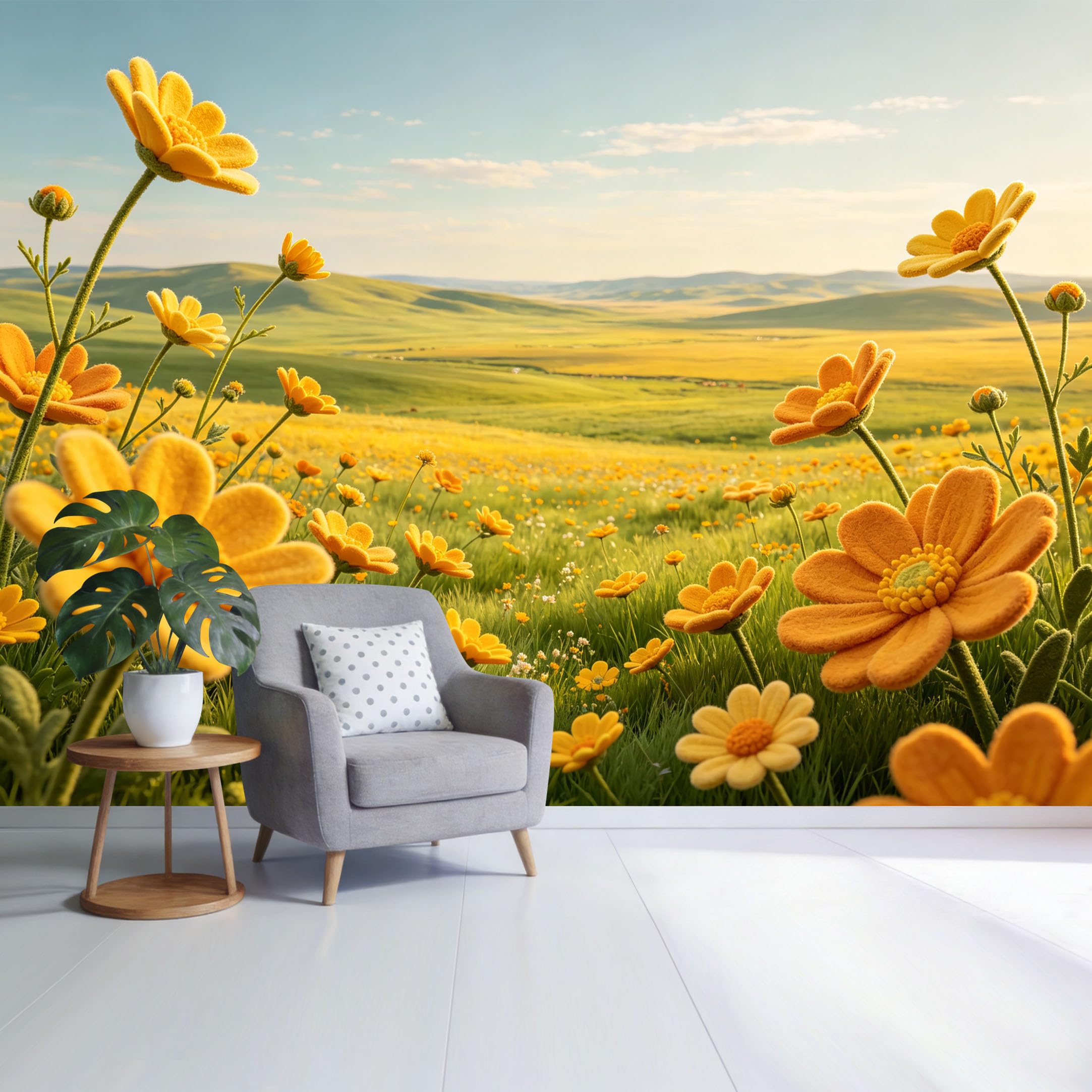Custom Size Wall Mural Yellow Daisy Meadow Landscape Blooming Field Under Blue Sky Botanical Nature Scene SelfAdhesive Wall Fabric Removable Wallpaper for Home Office Decor