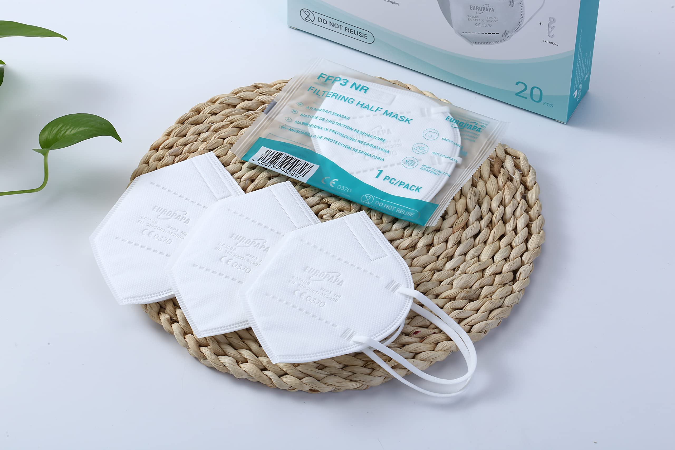 EUROPAPA® 20x Masques Blancs FFP3 Masque Respiratoire Masques Anti-PoussiÈRe 5 Couches EmballÉS HygiÉNiquement Individuellement Corps CertifiÉ EN149:2001+A1:2009 Masque Facial EU2016/425