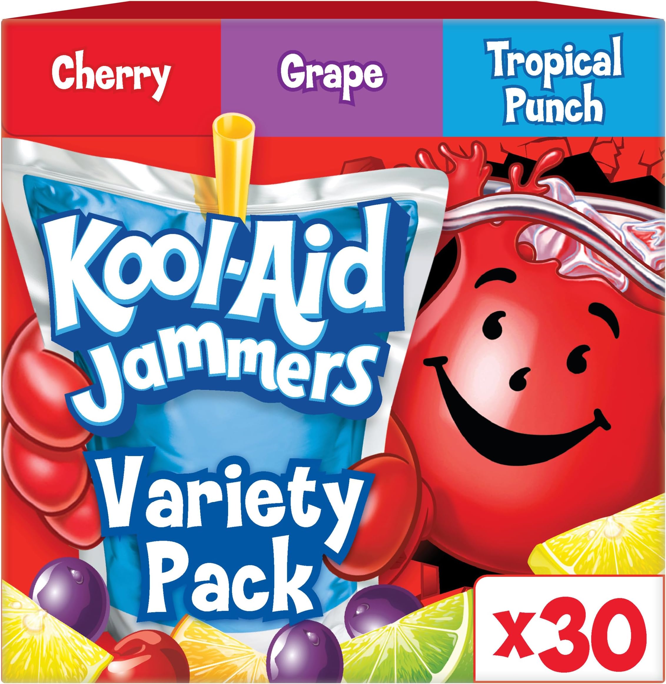 Kool-Aid Jammers Drink, 30 Pouches, for School Lunches and On-the-Go Hydration, Artificially Flavored Tropical Punch, Grape and Cherry Flavors, 6 fl oz