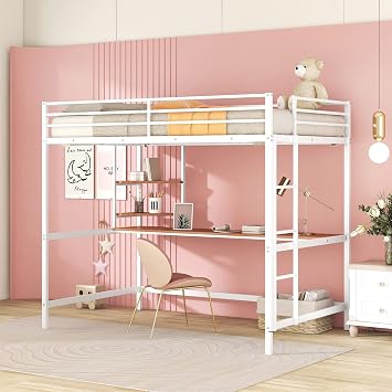 Loft Bed Frame Compatible with Juniors&Adults, Full Metal Loft Bed with Desk and Shelve, Space-Saving/Noise Free/No Box Spring Needed/Easy Assembly White, Full,Queen Bed White Full