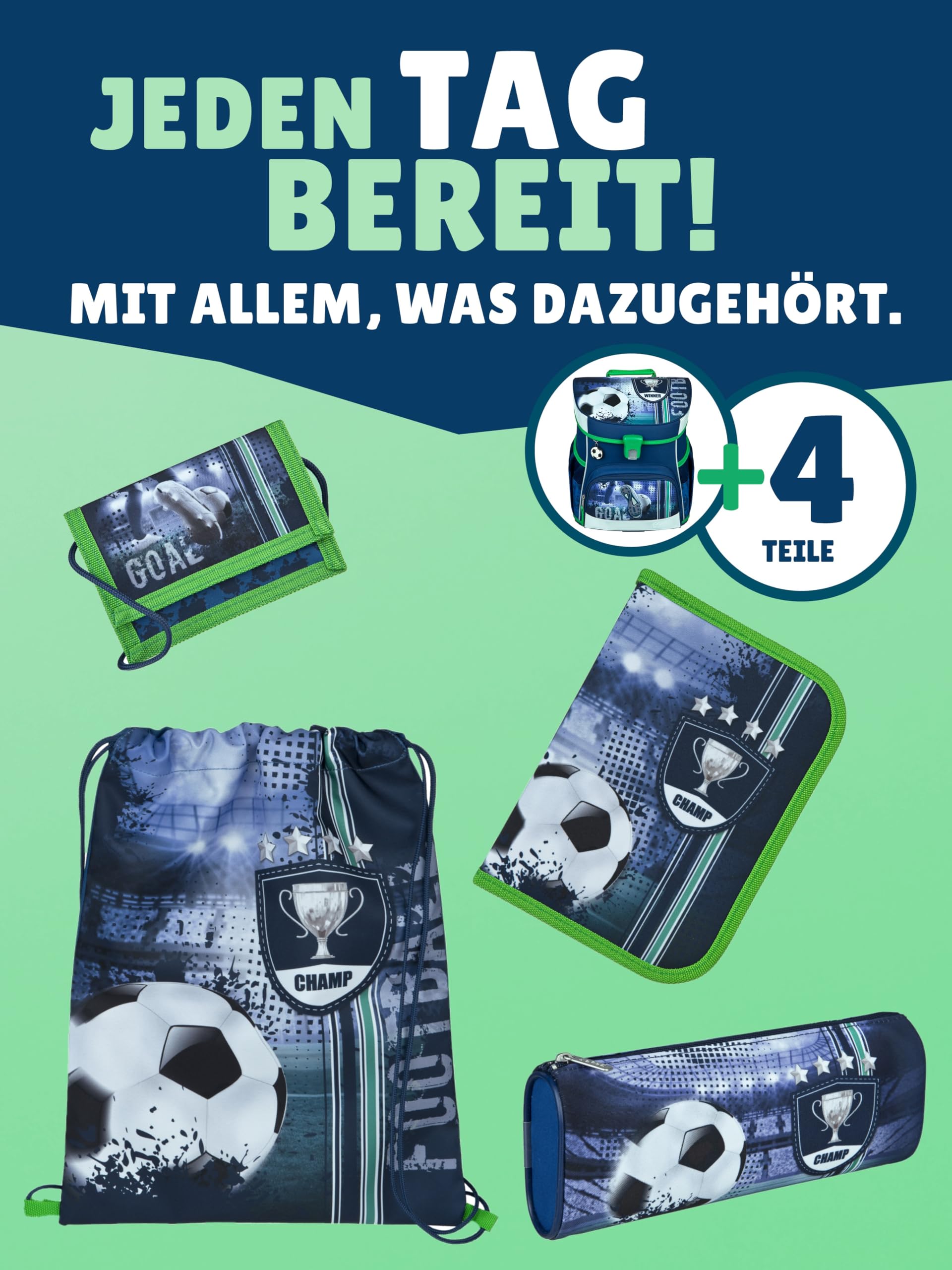 Familando - Scooli Campus Fit Schulranzen Set - 5-teilig mit Federmappe - Fußball Motiv Blau - Ergonomisch, Stabil & 980g leicht - 18L Volumen - Brustgurt & Reflektoren - Für Grundschule ab 1. Klasse