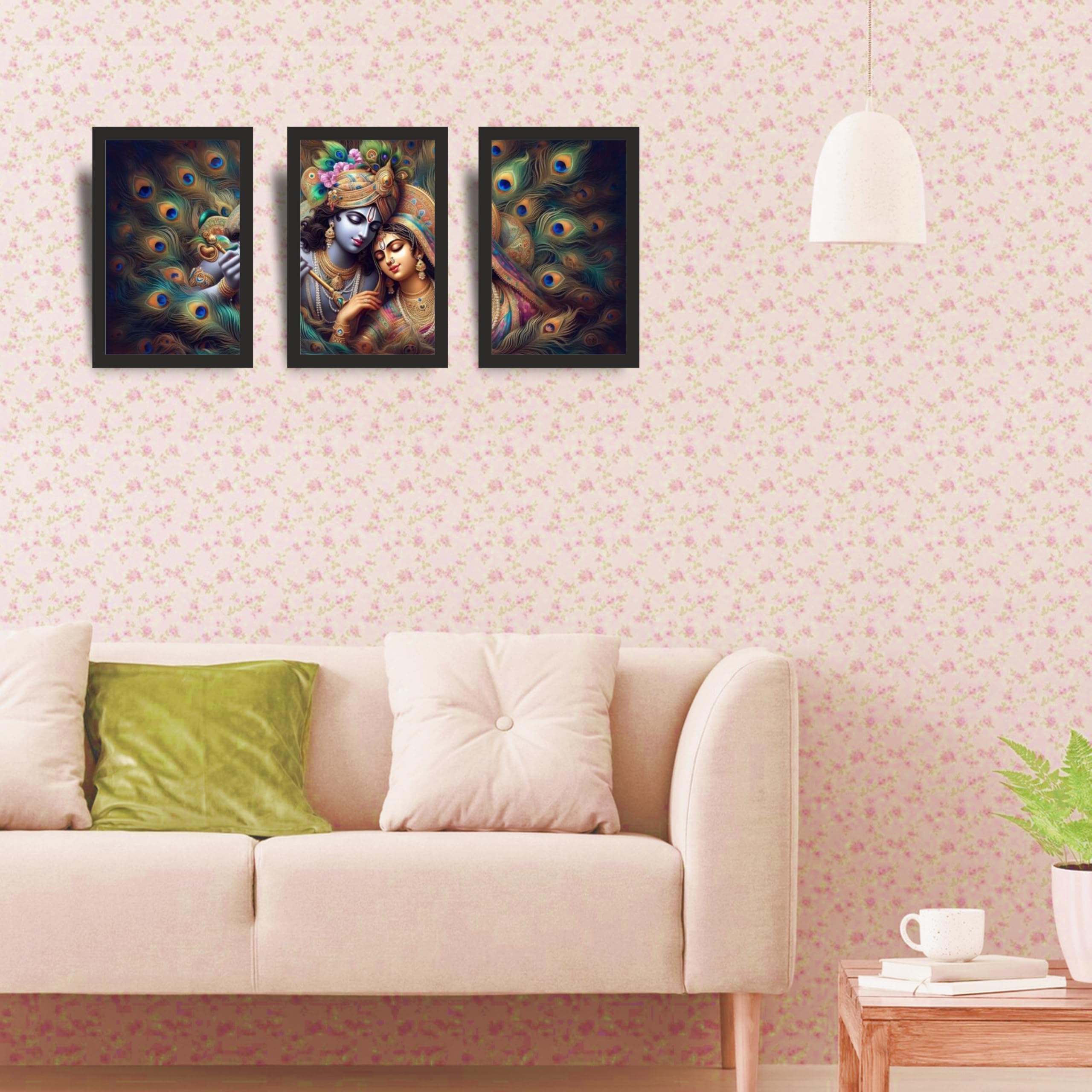 Radha Krishna Peacock Feather Wall Art Set of 3