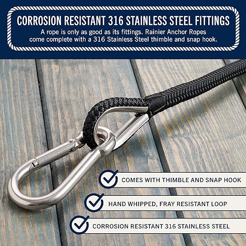 Miniatura 36 de RainierSupplyCo - Cuerda de anclaje para barco, cuerda marina de doble trenzada, línea de anclaje de cuerda marina de 100/150/200/300 pies con dedal