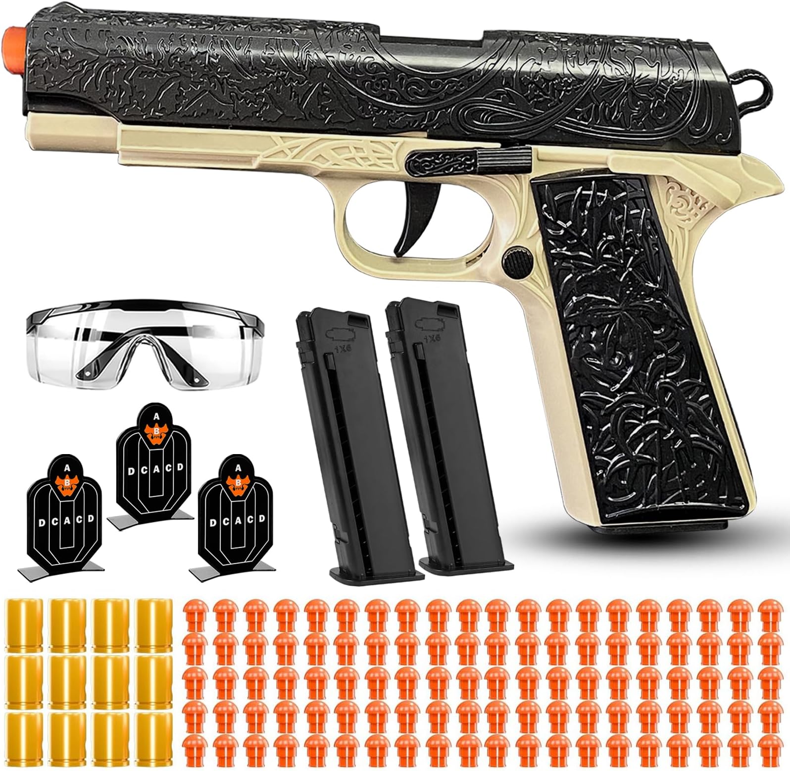 Automatic Shell Ejecting Toy Guns with 120 Soft Bullets, Cool Toy Pistol with Ejecting Shells, Retro Pattern Design Shooting Model Toys Gifts for Boys, Kids and Girls