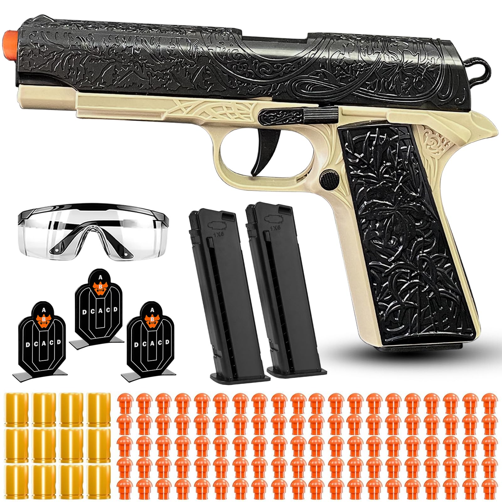 Automatic Shell Ejecting Toy Guns with 120 Soft Bullets, Cool Toy Pistol with Ejecting Shells, Retro Pattern Design Shooting Model Toys Gifts for Boys, Kids and Girls