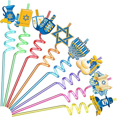 Patelai 24 pajitas de Hanukkah con Dreidels y Menorahs Hanukkah pajitas portátiles Hanukkah regalos decoración para fiestas