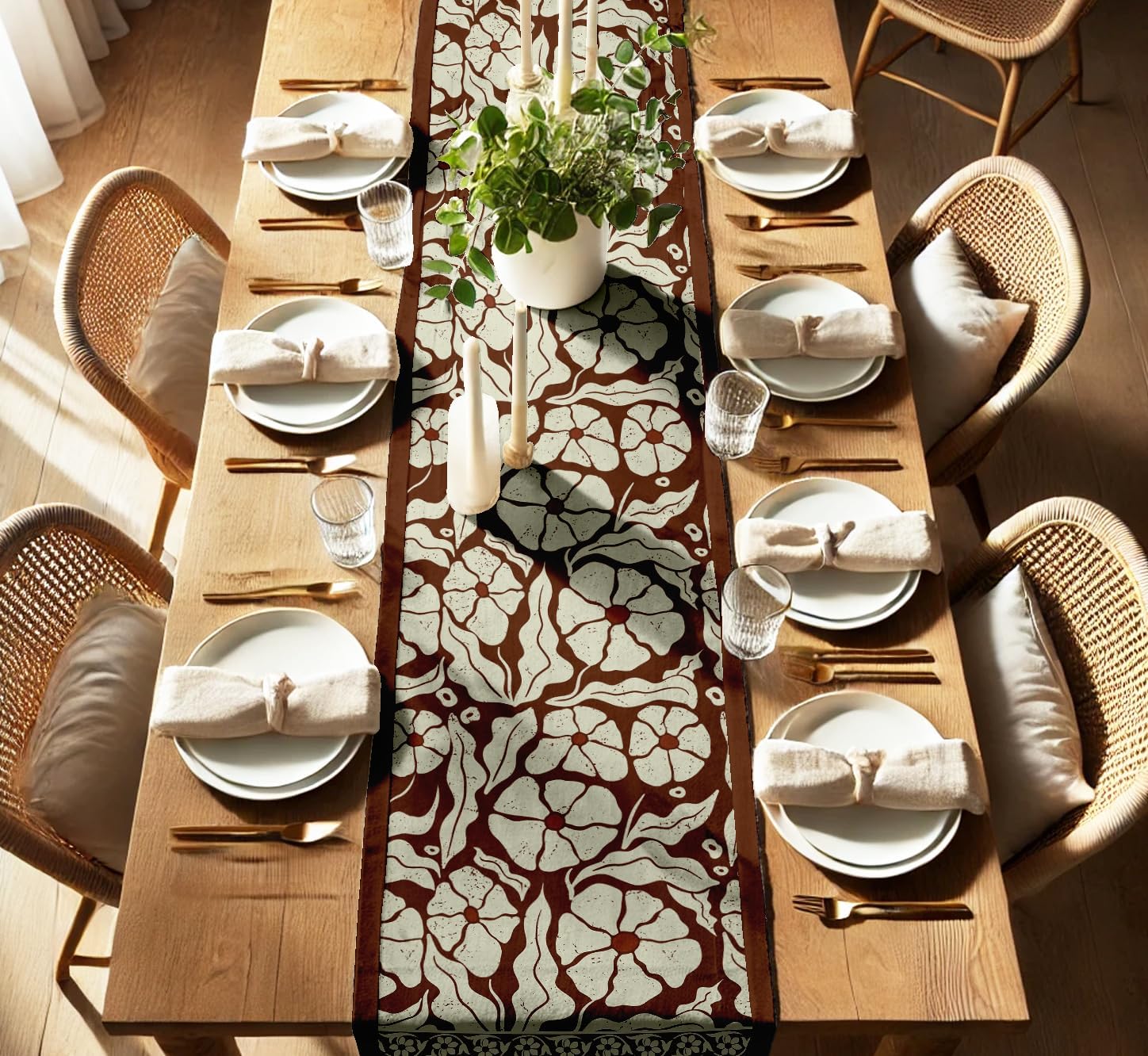 Double Layer Cotton Table Runner with Border - Floral Print, Machine Washable - Dining Table Décor for Farmhouse & Modern Homes