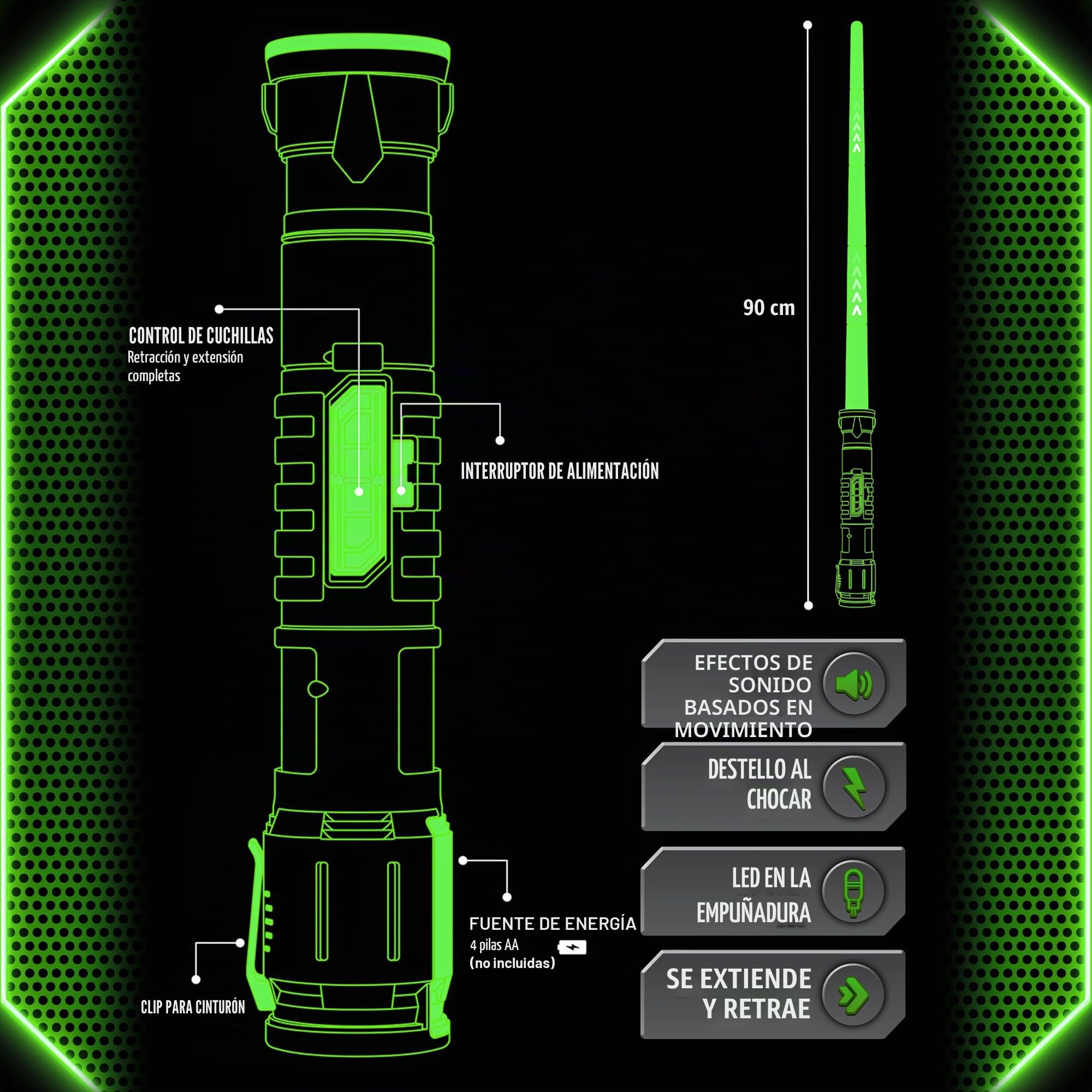 POWER SABER - Verde - Sable Láser para Niños y adultos a Partir de 6 Años - Extensible y Retráctil - Juguete Láser Luminoso Realista y Seguro - 30cm/Desplegado 89 cm - Caja Abierta