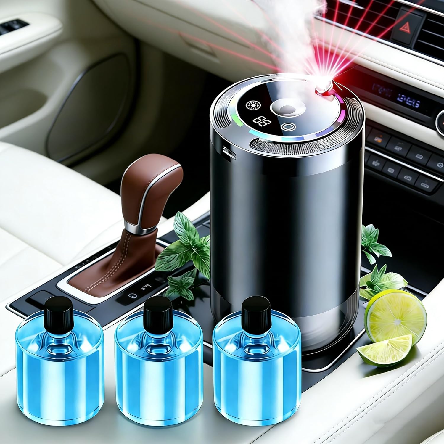 Smart Car Air Freshener, Car Air Freshener Diffuser with Ambient Light and 3 * 50ml Ocean Fragrance, Auto-Sensing Spray, 5 Mode Adjustable Rechargeable Aroma Diffuser