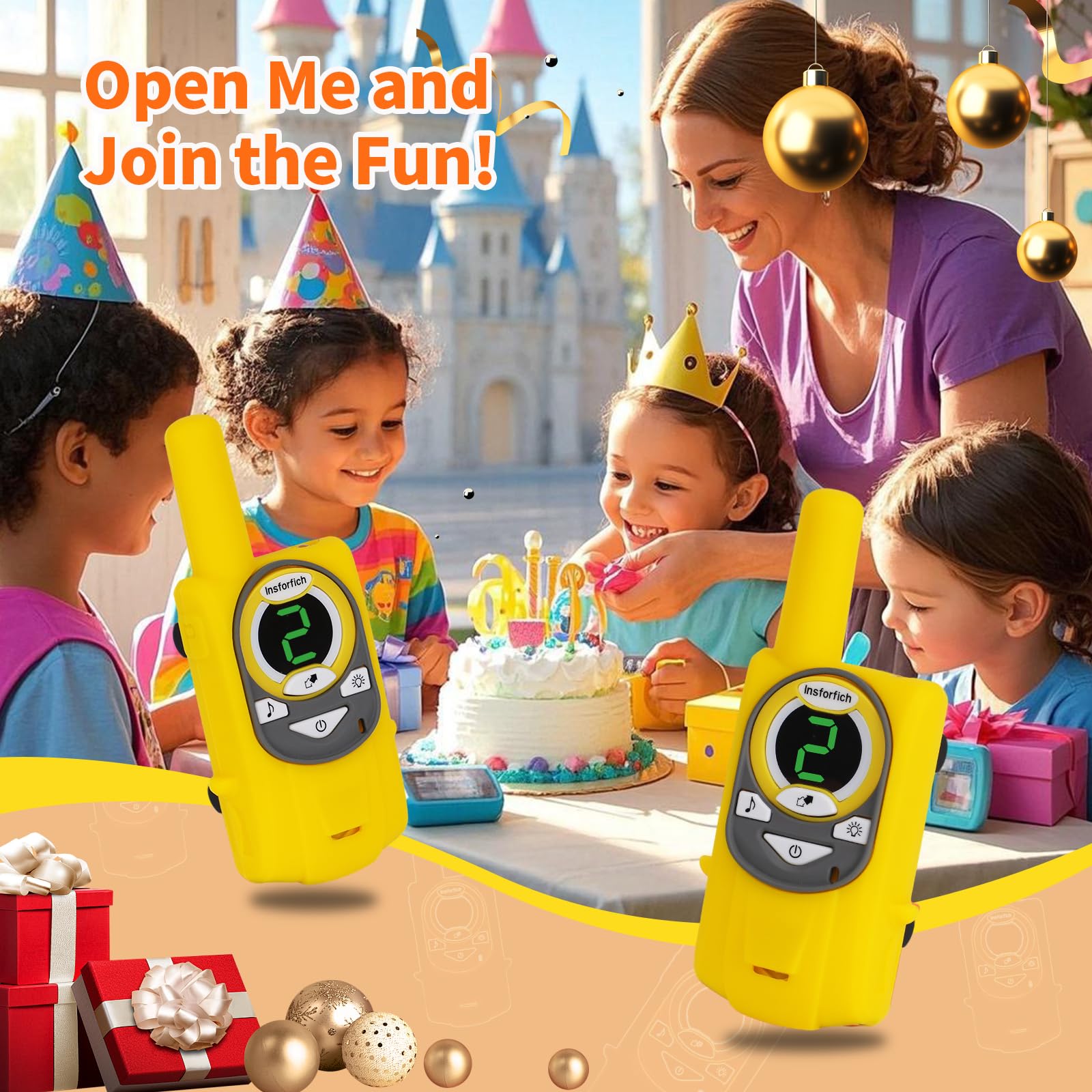 Walkie Talkies para niños, radio de 2 vías de largo alcance, walkie talkie para niños, regalos de cumpleaños, campamento al aire libre, viaje familiar (amarillo) 6