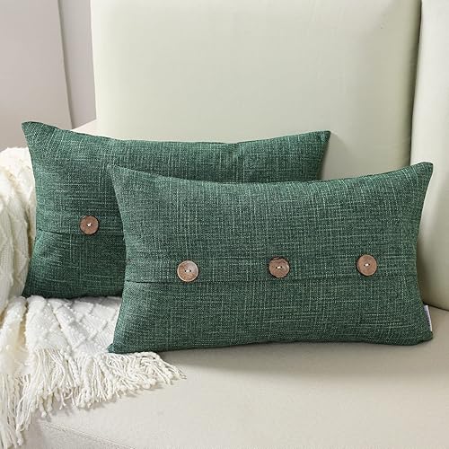 FUTEI Juego de 2 fundas de almohada decorativas de lino verde esmeralda de 12 x 20 pulgadas, fundas de almohada lumbar rectangulares con