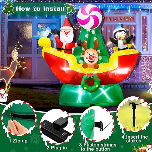 Vista 41 de Inflables de Navidad de 9.5 pies, decoraciones al aire libre, Papá Noel en trineo con 3 renos inflables de Navidad con luces LED integradas