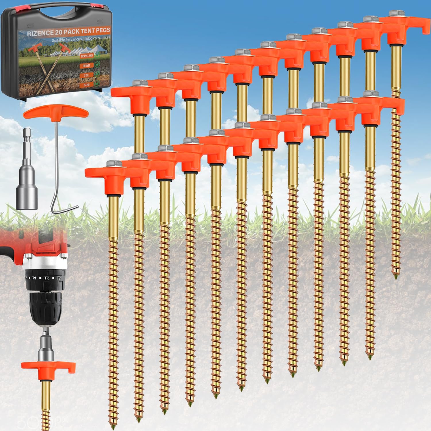 20 Pack Strong Tent Pegs Metal Heavy Duty - 20cm Screw In Tent Camping Pegs with Drill Adapter, Rock Pegs for Hard Ground for Camping, Galvanised Steel Rust-Resistan, with Carry Case-image-41