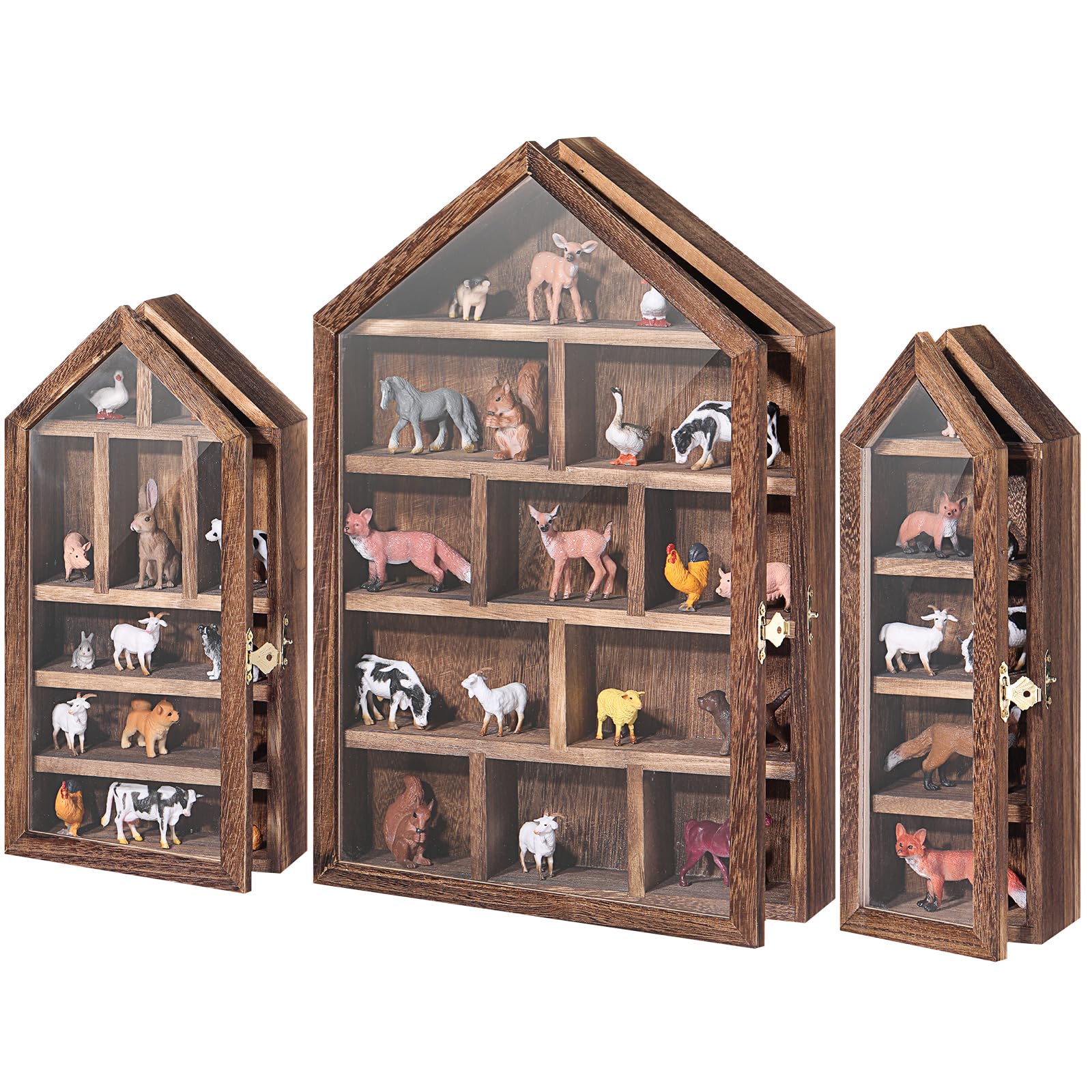 DoubleFill Set of 3 Shadow Cubby Boxes Wooden House Shaped Display Shelf 10 x 15 Inch Large Wall Mounted Display Storage Shelves for Mini Figures Curio Trinket Medals Crafts Collections(Brown)