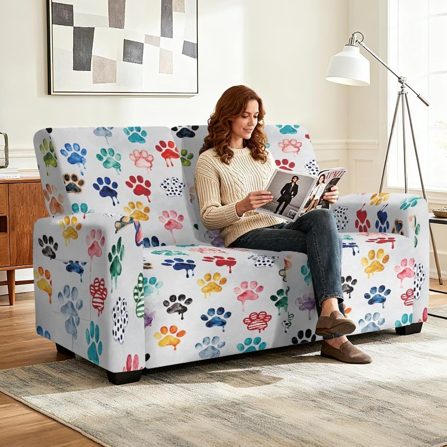 Colorful Dog Paw Print Love Seat Covers for 2 Cushion Couch Loveseat Recliner Cover 6 Pieces Washable Couch Covers Stretch White Sofa Slipcover Pets Dogs