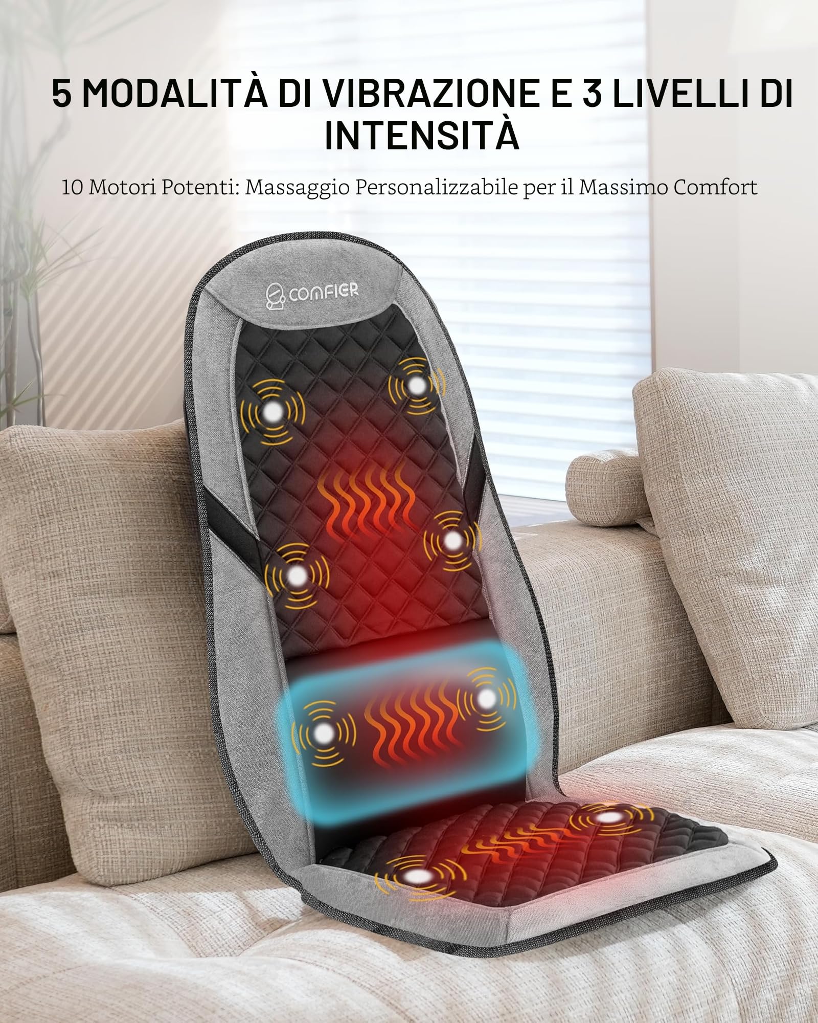 COMFIER Massaggiatore Schiena con Funzione Riscaldante per Alleviare il Mal di Schiena, Sedile Massaggiante con 5 Modalità di Vibrazione, 3 Intensità, 3 Impostazioni di Tempo, Regalo Uomo