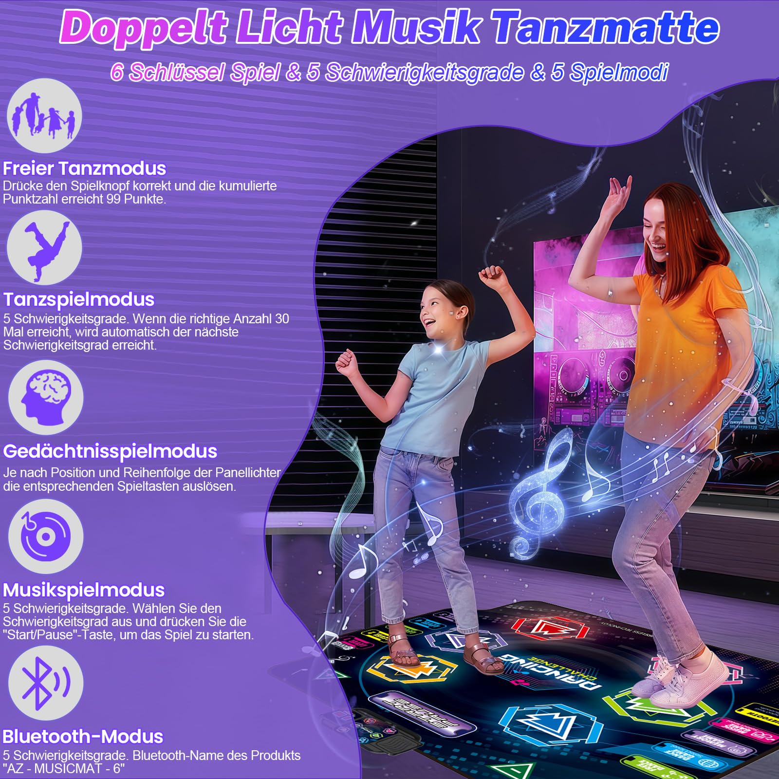 Tanzmatte für Kinder ab 3-12 Jahre, 2026 Musikmatte mit 6 LED-Lichtern&Bluetooth, 5 Modi, Tanzmatte für mädchen/jungen mit interaktive LED-Batteriebox, spielzeug geschenk mädchen 3 4 5 6 7 8jahre