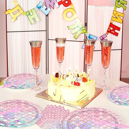 Miniatura 7 de Dixutzi 96 piezas de decoraciones de fiesta de cumpleaños de sirena, suministros de fiesta de sirena que incluyen plato de papel, servilleta y