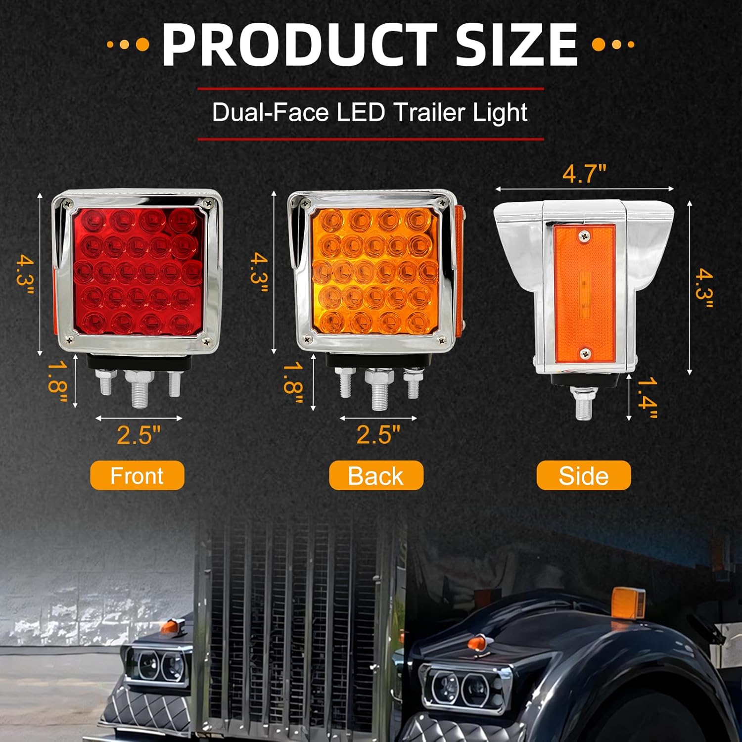 Double Face Pedestal Fender Light 52 LED Stop Turn Tail Signal Truck Trailer Lights Replacement for Peterbilt Kenworth Freightliner Trucks(2 PCS) (Front Amber+Back Red - 2PCS)