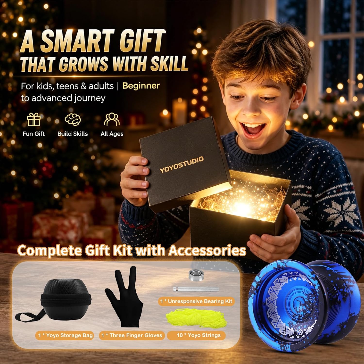 YOYOSTUDIO S30 Professional Finger Spin Yoyo for Kids 8-12 and Adults | Dual Mode Yo Yo with Responsive/Unresponsive, Metal Trick Yoyo with Bearing Kit, 10 Yo-Yo Strings, Glove & Case – Black Blue