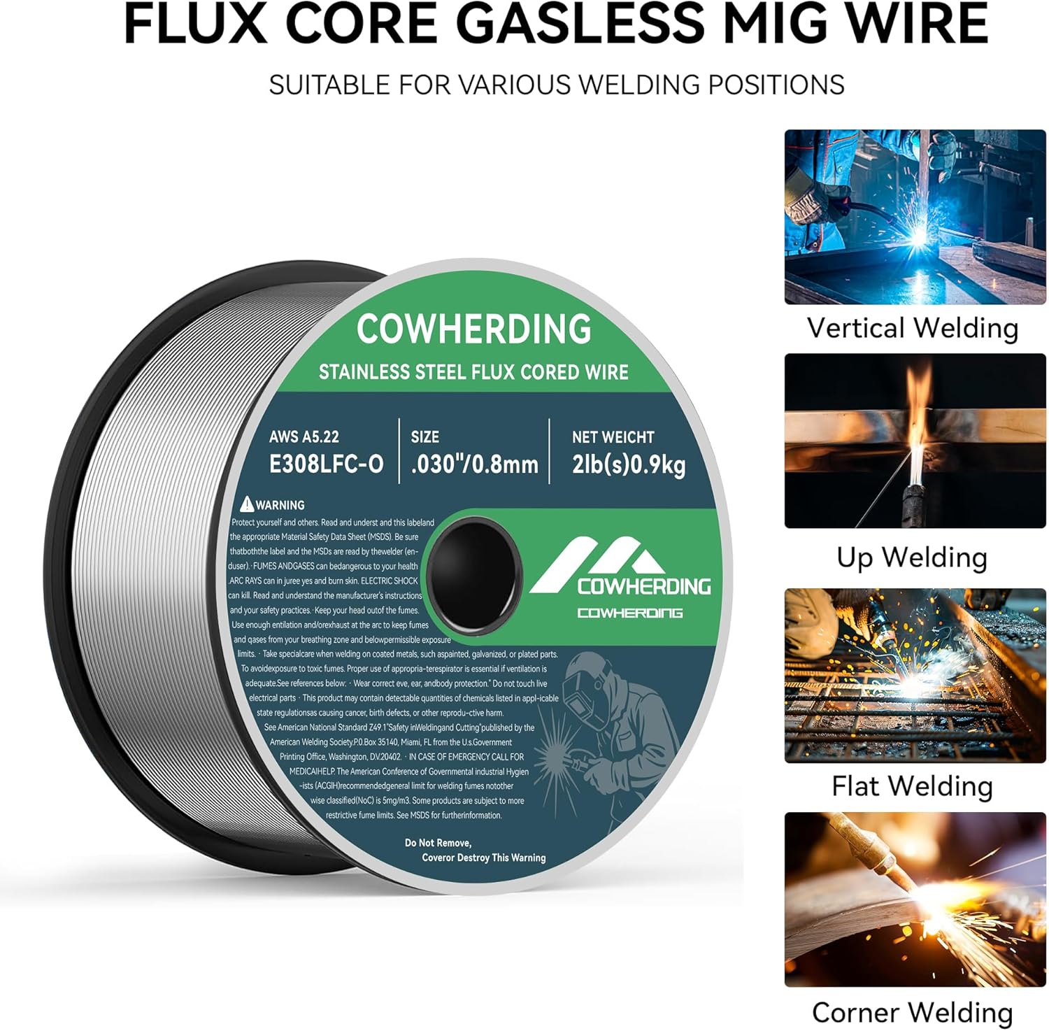 Stainless Steel Flux Cored MIG Wire, 0.030" Diameter E308LFC-O 2-Pound, Flux-Cored MIG Welding Wire Requiring No Gas Shielding Low/Less Splatter, Strong ABS Plastic Spool Welding Wire, Welds Cleaner