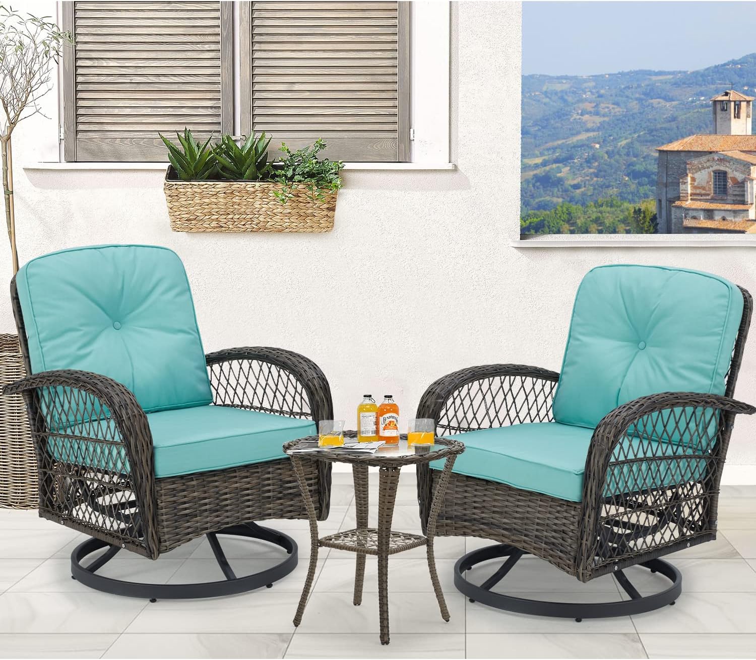 MELLCOM 3 Pieces Patio Furniture Set, Outdoor Swivel Rocker Patio Chairs, Wicker Patio Bistro Set with Rocking Chair, Thickened Cushions and Glass Coffee Table for Backyard, Garden, Blue