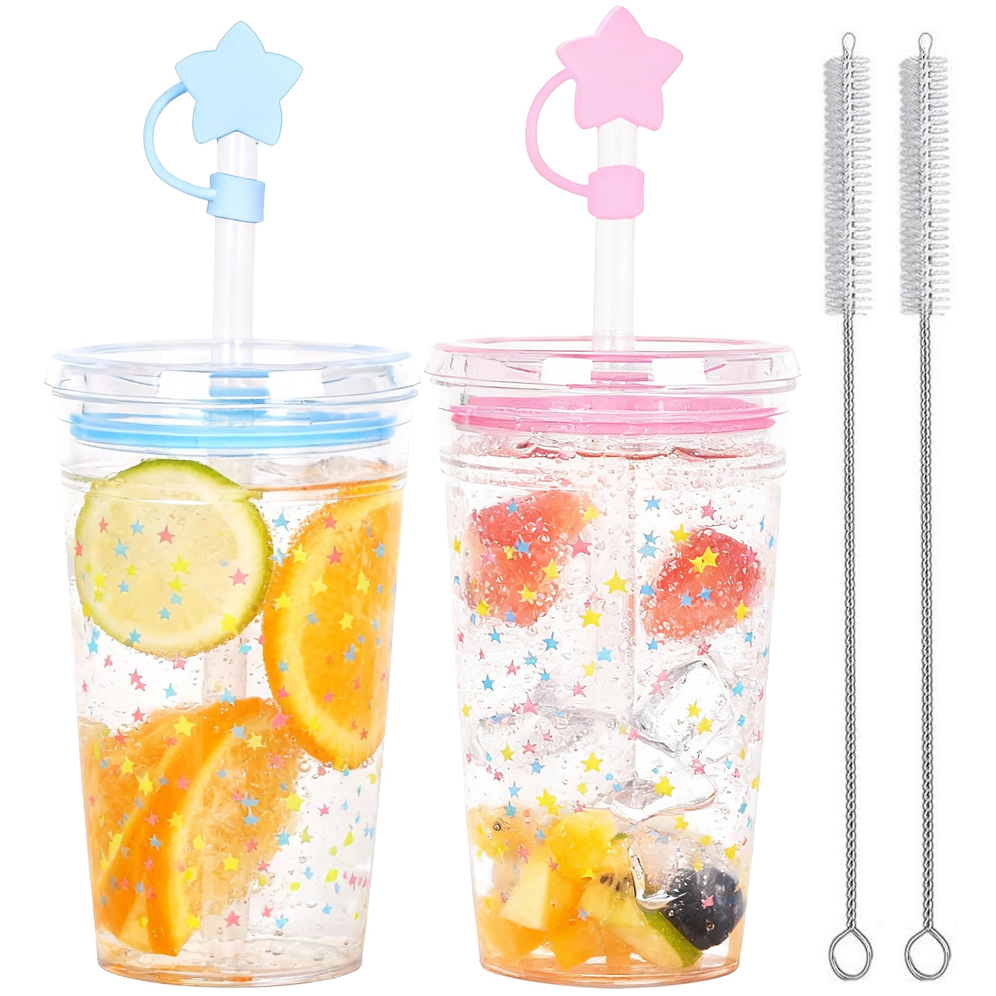 CuppaLifes 450ml Clear Plastic Iced Coffee Travel Cups, 450ml Reusable Cups with lids and Straws for Cold Coffee, Travel, Iced Drinks, Milk, Sparkling Water, 2 Pack (2, Pink, Blue)