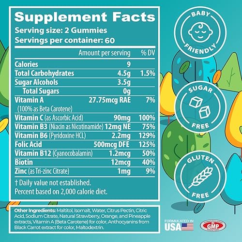 Miniatura 2 de KIDLIVITA Gomitas multivitamínicas para niños, vitaminas A, C, B3, B6, B9, B12 con zinc. Sabores de naranja, fresa, piña con cero azúcar para apoyo