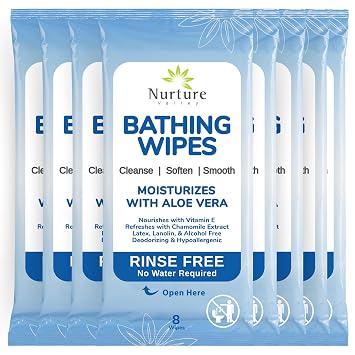 Nurture Rinse Free Bathing Wipes for Adults w/Aloe | Waterless Cleansing for sensitive skin | Disposable Adult Body Bath Wet Wipe for Disabled Bedridden | 64 wipes