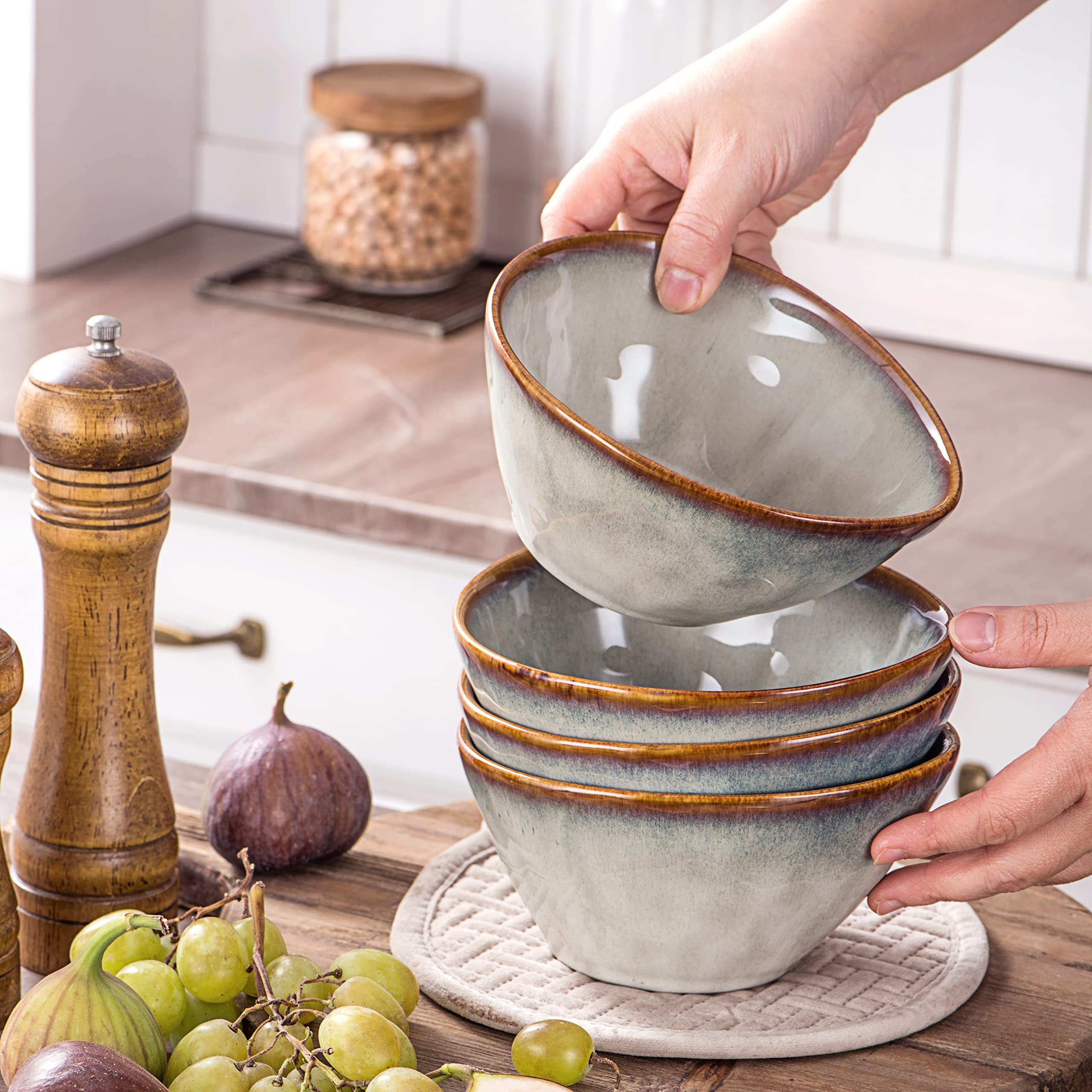 Henten Home Set de 4 Tazones de Pasta de Barro - Tazón de Postres - Tazón de Snack - Tazón de Hielo - 800 ml - Diseño Beige Vintage