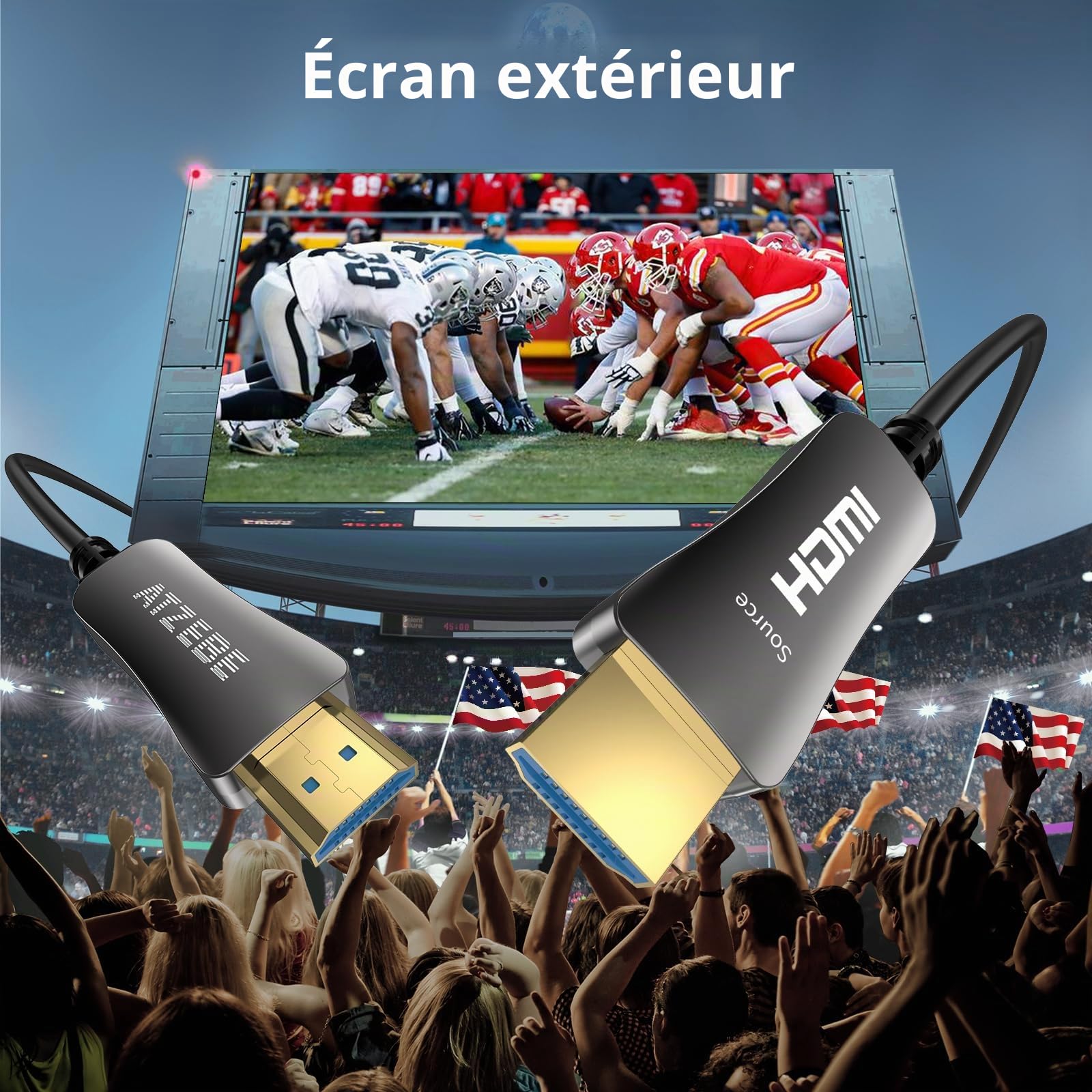 50m Câble HDMI fibre optique 4K@60Hz – Câble HDMI optique haute vitesse, 18 Gbps, YUV 4:4:4, HDR, sans perte, connecteurs en alliage de zinc – Idéal pour projecteur, gaming et conférence