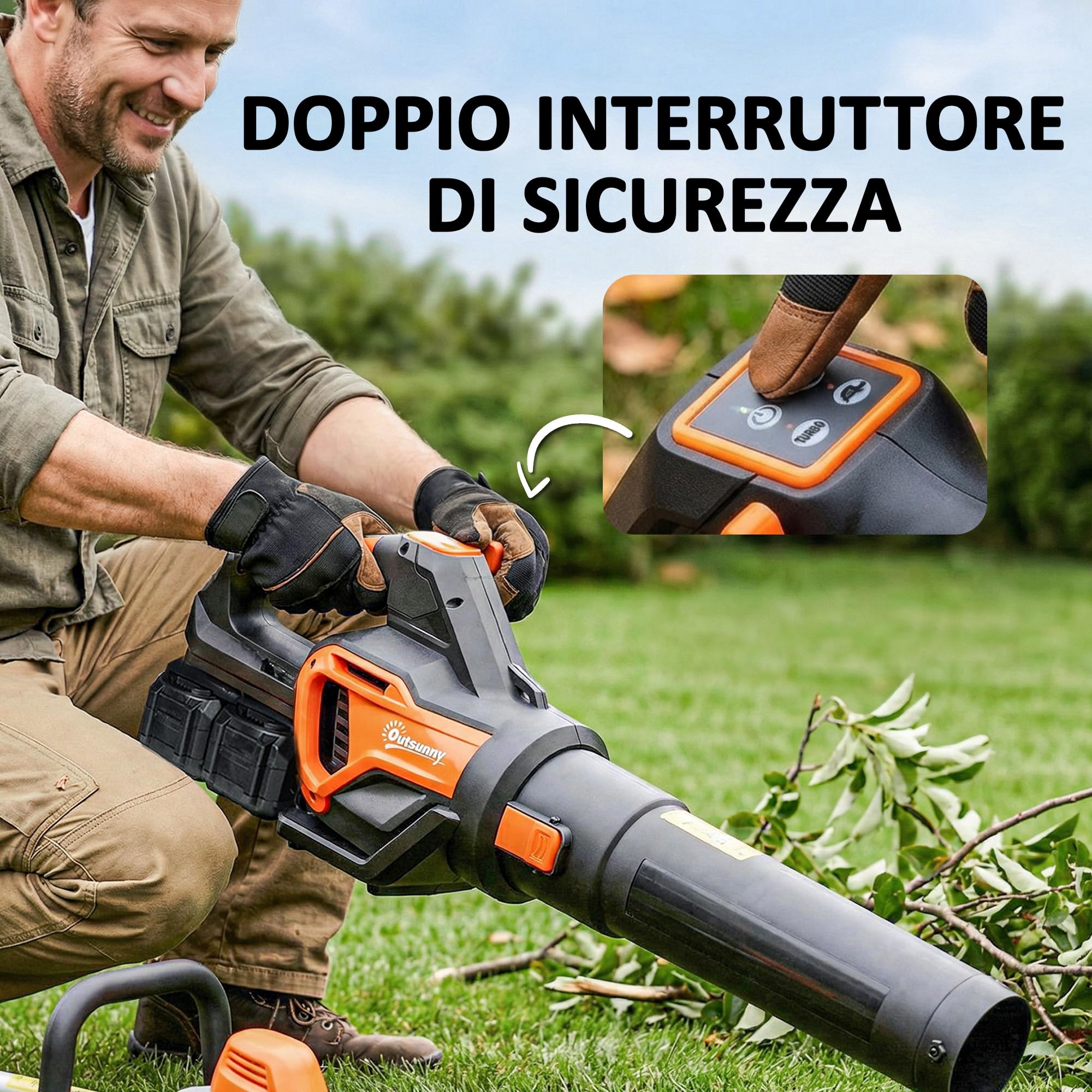 Outsunny Soffiatore a Batteria 20V, Soffiatore Foglie con 2 Batteria 4Ah, Motore Brushless 900W, 3 Livelli Velocità 162.7 km/h, Turbo Boost, Caricabatterie, Leggero, per Giardino Foglie Neve Polvere